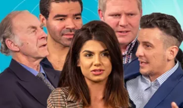 Group of five people in a conversation with a blue background.